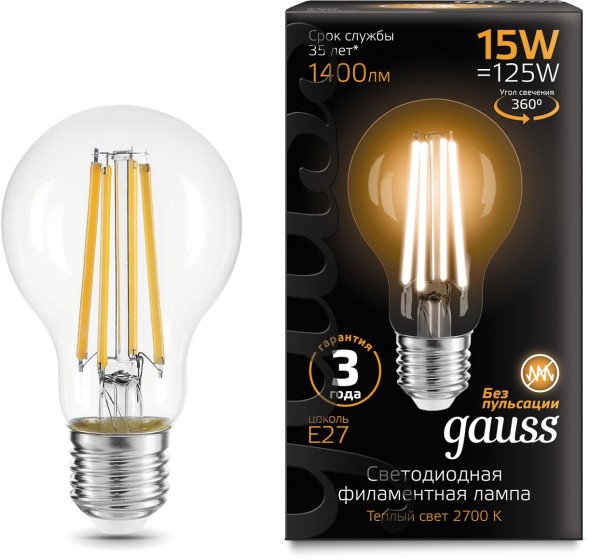 Лампа светодиодная Gauss Filament 102902115 15Вт цок.:E27 груша 220B 2700K св.свеч.бел.теп. (упак.:1шт)