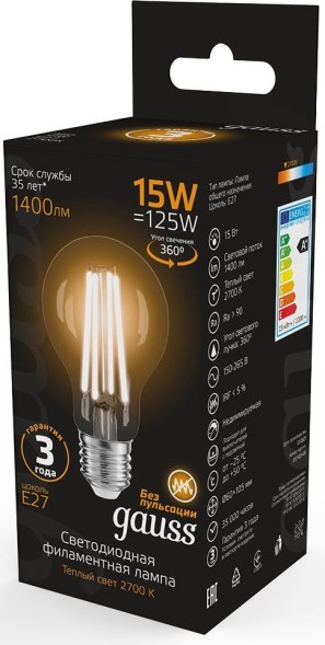 Лампа светодиодная Gauss Filament 102902115 15Вт цок.:E27 груша 220B 2700K св.свеч.бел.теп. (упак.:1шт)