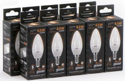 Лампа светодиодная Gauss Black 6.5Вт цок.:E14 свеча 220B 3000K св.свеч.бел.теп. C37 (упак.:10шт) (103101107)