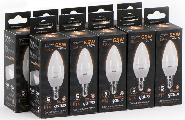 Лампа светодиодная Gauss Black 6.5Вт цок.:E14 свеча 220B 3000K св.свеч.бел.теп. C37 (упак.:10шт) (103101107)