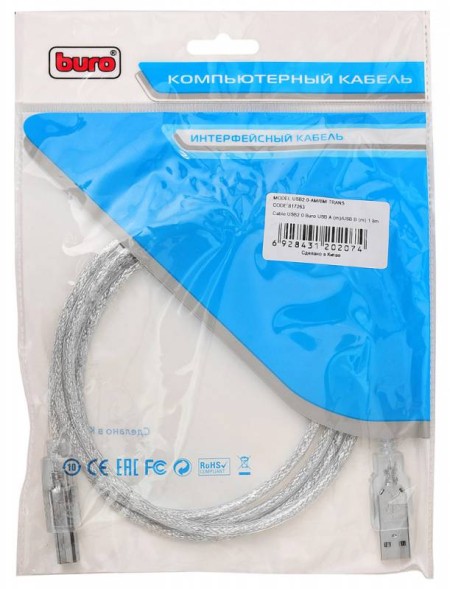 Кабель Buro USB A(m) USB B(m) 1.8м (USB2.0-AM/BM-Trans) прозрачный