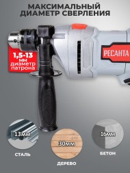 Дрель ударная Ресанта ДУ-16/1100МК 1100Вт патрон:кулачковый реверс (кейс в комплекте) (75/8/5)