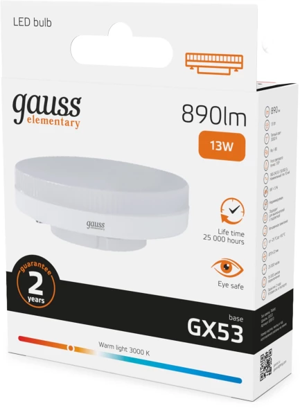 Лампа светодиодная Gauss Elementary 13Вт цок.:GX53 таблетка 220B св.свеч.бел.теп. Tablet (упак.:10шт) (83813)