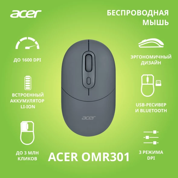 Мышь Acer OMR301 черный оптическая 1600dpi беспров. BT/Radio USB 4but (ZL.MCECC.01T)