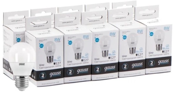Лампа светодиодная Gauss Elementary 8Вт цок.:E27 шар 220B 4100K св.свеч.бел.нейт. (упак.:10шт) (53228)