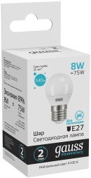 Лампа светодиодная Gauss Elementary 8Вт цок.:E27 шар 220B 4100K св.свеч.бел.нейт. (упак.:10шт) (53228)