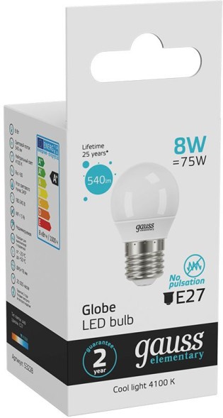 Лампа светодиодная Gauss Elementary 8Вт цок.:E27 шар 220B 4100K св.свеч.бел.нейт. (упак.:10шт) (53228)