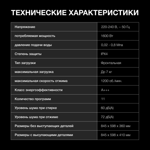 Стиральная машина Hyundai WME7215 класс: A загр.фронтальная макс.:7кг белый инвертер