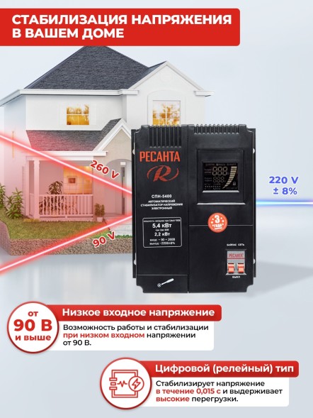 Стабилизатор напряжения Ресанта СПН-5400 однофазный черный (63/6/26)