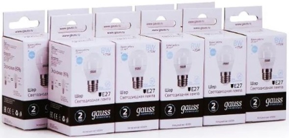 Лампа светодиодная Gauss Elementary 8Вт цок.:E27 шар 220B 6500K св.свеч.бел.хол. (упак.:10шт) (53238)