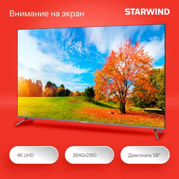 Телевизор LED Starwind 58&amp;quot; SW-LED58UG401 Яндекс.ТВ Frameless стальной 4K Ultra HD 60Hz DVB-T DVB-T2 DVB-C DVB-S DVB-S2 USB WiFi Smart TV