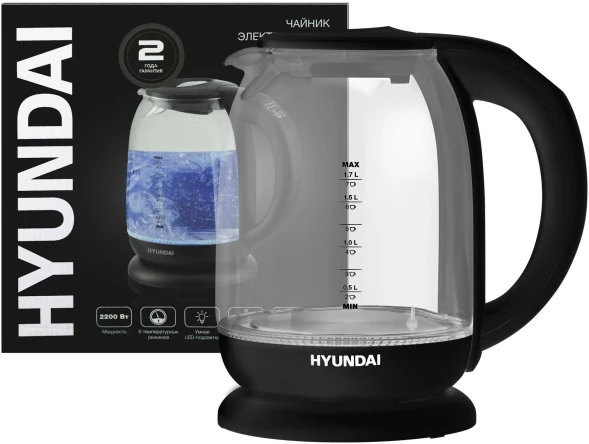 Чайник электрический Hyundai HYK-S3809 1.7л. 2200Вт черный корпус: стекло/пластик