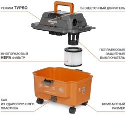 Строительный пылесос Daewoo DAVC 1621Li SET 200Вт (уборка: сухая/сбор воды/выдув) оранжевый