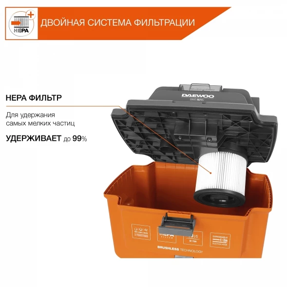Строительный пылесос Daewoo DAVC 1621Li SET 200Вт (уборка: сухая/сбор воды/выдув) оранжевый