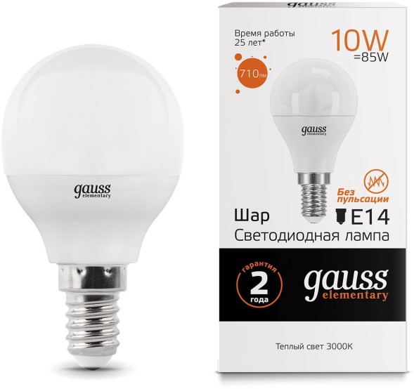 Лампа светодиодная Gauss Elementary 10Вт цок.:E14 шар 220B 3000K св.свеч.бел.теп. (упак.:10шт) (53110)
