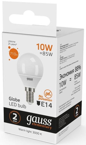 Лампа светодиодная Gauss Elementary 10Вт цок.:E14 шар 220B 3000K св.свеч.бел.теп. (упак.:10шт) (53110)