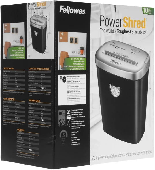 Шредер Fellowes PowerShred 53С черный/серый (секр.P-4) фрагменты 10лист. 23лтр. скрепки скобы пл.карты CD