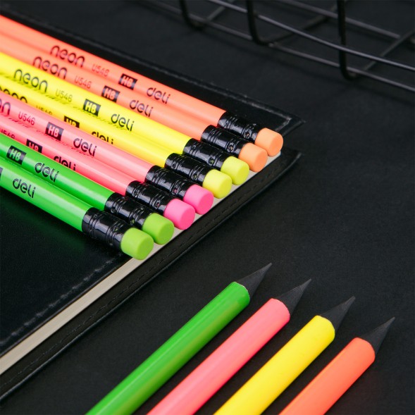 Набор карандашей ч/г Deli EU54600 Neon HB трехгран. пластик ассорти кор.европод. (12шт) ластик