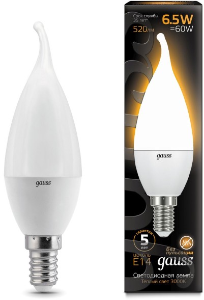 Лампа светодиодная Gauss 6.5Вт цок.:E14 свеча 220B 3000K св.свеч.бел.теп. (упак.:10шт) (104101107)