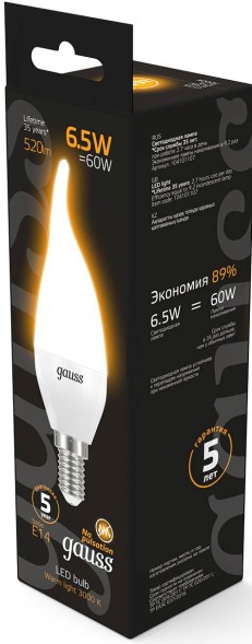 Лампа светодиодная Gauss 6.5Вт цок.:E14 свеча 220B 3000K св.свеч.бел.теп. (упак.:10шт) (104101107)