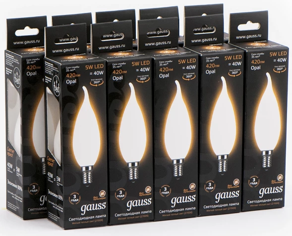Лампа филам. Gauss Filament 5Вт цок.:E14 свеча 220B св.свеч.бел.теп. (упак.:10шт) (104201105)