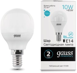Лампа светодиодная Gauss Elementary 10Вт цок.:E14 шар 220B 4100K св.свеч.бел.нейт. (упак.:10шт) (53120)