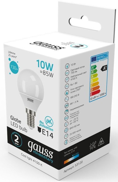 Лампа светодиодная Gauss Elementary 10Вт цок.:E14 шар 220B 4100K св.свеч.бел.нейт. (упак.:10шт) (53120)