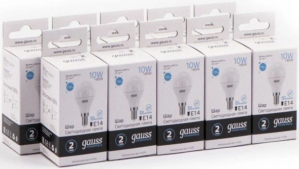 Лампа светодиодная Gauss Elementary 10Вт цок.:E14 шар 220B 4100K св.свеч.бел.нейт. (упак.:10шт) (53120)