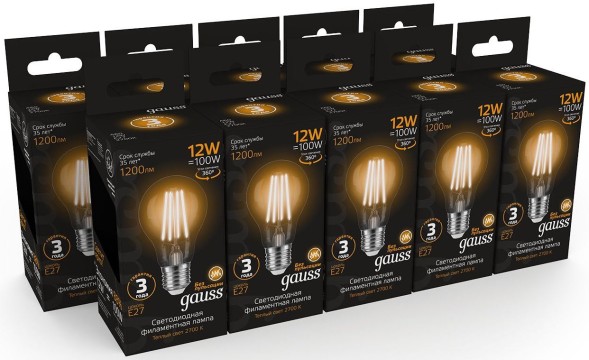 Лампа светодиодная Gauss Filament 102902112 12Вт цок.:E27 груша 185B 2700K св.свеч.бел.теп. грушевидная (упак.:1шт)