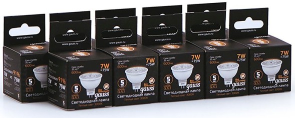 Лампа светодиодная Gauss Black 7Вт цок.:GU5.3 рефлек. 220B 3000K св.свеч.бел.теп. MR16 (упак.:10шт) (101505107)