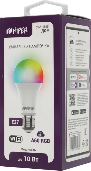 Умная лампа Hiper Iot A60 RGB E27 10Вт 1020lm Wi-Fi (упак.:1шт)