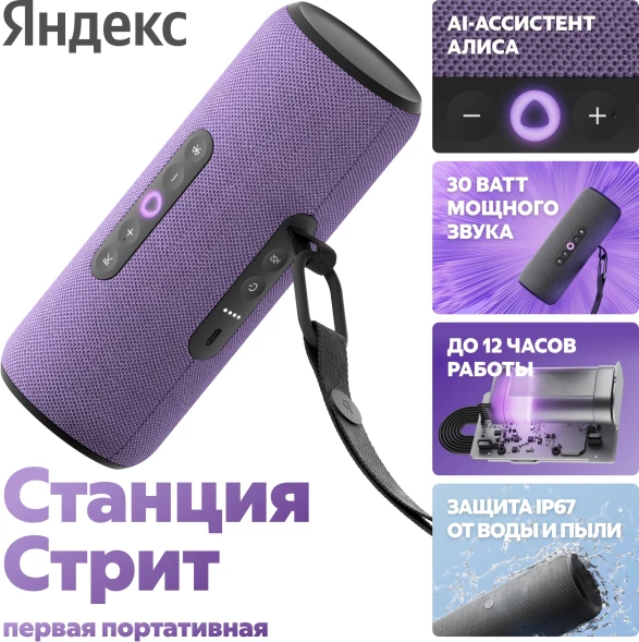 Умная колонка Yandex Стрит Алиса фиолетовый 30W 2.0 BT/Wi-Fi 10м 3300mAh (YNDX-00030VIO)