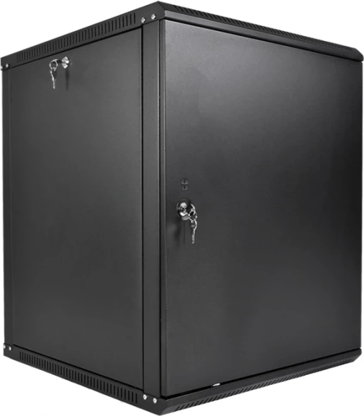 Шкаф коммутационный ЦМО ШРН-Эконом (ШРН-Э-12.350.1-9005) настенный 12U 600x350мм пер.дв.металл направл.под закл.гайки 85кг черный 300мм 15.39кг 180град. 608мм IP20 сталь
