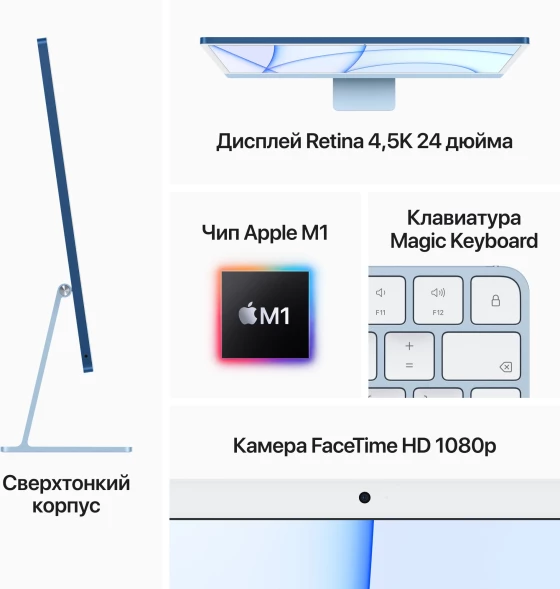 Моноблок Apple iMac A2438 24&amp;quot; 4.5K M1 8 core (3.2) 8Gb SSD256Gb 8 core GPU macOS WiFi BT 143W клавиатура мышь Cam синий 4480x2520
