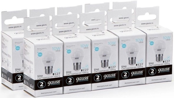 Лампа светодиодная Gauss Elementary 10Вт цок.:E27 шар 220B 4100K св.свеч.бел.нейт. (упак.:10шт) (53220)