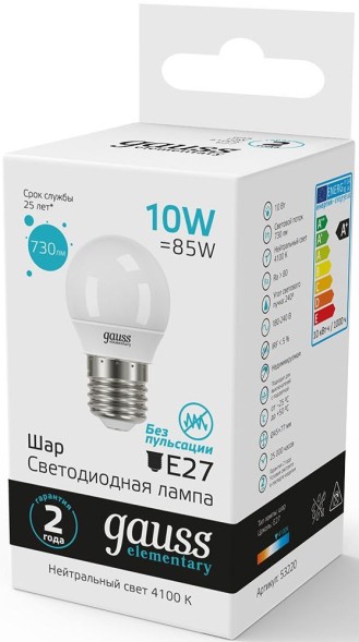 Лампа светодиодная Gauss Elementary 10Вт цок.:E27 шар 220B 4100K св.свеч.бел.нейт. (упак.:10шт) (53220)