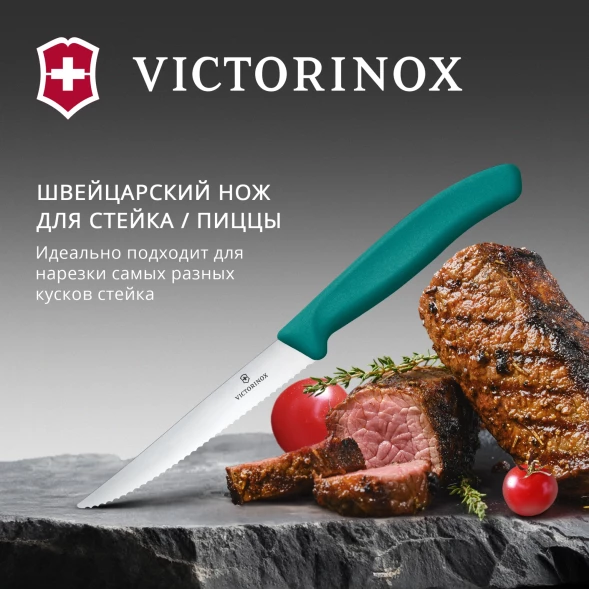 Нож кухонный Victorinox Swiss Classic 6.7234.C1 стальной универсальный для стейка/пиццы лезв.110мм серрейт. заточка зеленый