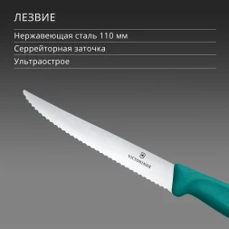 Нож кухонный Victorinox Swiss Classic 6.7234.C1 стальной универсальный для стейка/пиццы лезв.110мм серрейт. заточка зеленый