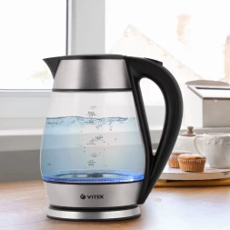 Чайник электрический Vitek VT-7037 1.7л. 2200Вт серебристый/черный корпус: стекло/металл/пластик