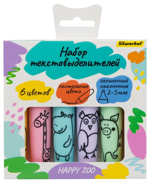 Набор текстовыделителей Silwerhof Happy Zoo 2-5мм тонкий 6цв. ассорти коробка с европодвесом