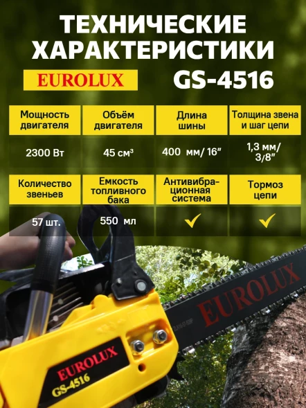 Бензопила Eurolux GS-4516 2300Вт 3.1л.с. дл.шины:16&amp;quot; (40cm) (70/6/7)