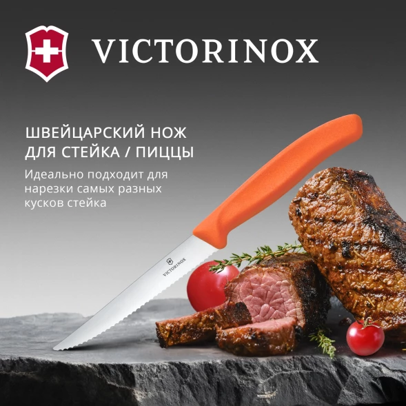 Нож кухонный Victorinox Swiss Classic 6.7239.C1 стальной универсальный для стейка/пиццы лезв.110мм серрейт. заточка оранжевый