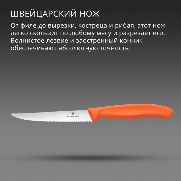 Нож кухонный Victorinox Swiss Classic 6.7239.C1 стальной универсальный для стейка/пиццы лезв.110мм серрейт. заточка оранжевый