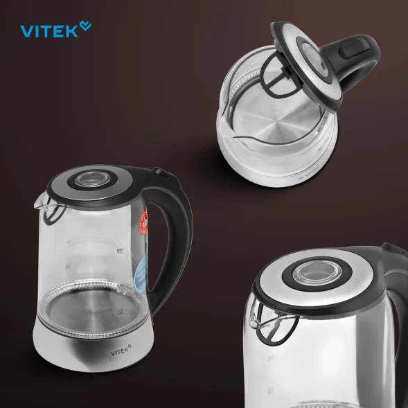 Чайник электрический Vitek VT-WK1009 1.7л. 2200Вт черный/серый корпус: стекло