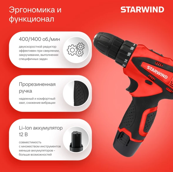 Дрель-шуруповерт Starwind CDT12-2.0/2S1 24Вт аккум. патрон:быстрозажимной (кейс в комплекте)