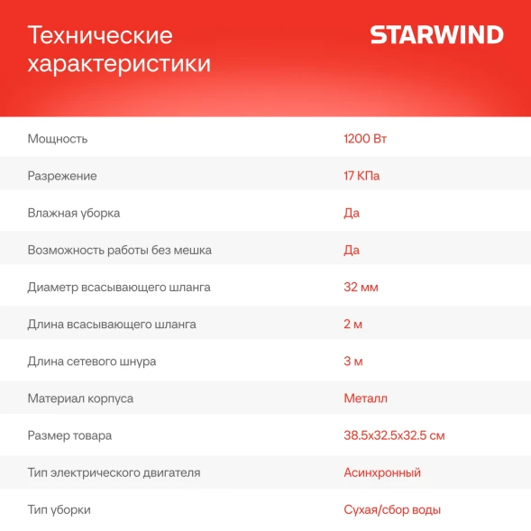 Строительный пылесос Starwind VC15-1500MS0 1200Вт (уборка: сухая/влажная/выдув/сбор воды) красный