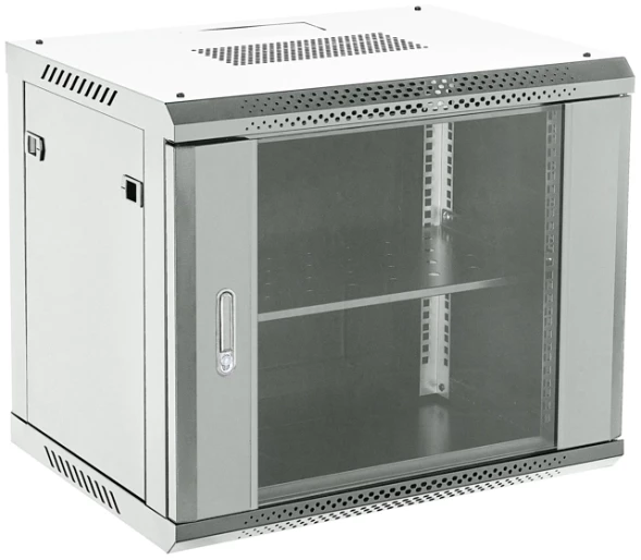 Шкаф коммутационный Rexant (04-0666-111) настенный 6U 600x600мм пер.дв.стекл металл 2 бок.пан. направл.под винты 60кг серый 14кг 230град. 368мм IP20 сталь