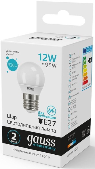 Лампа светодиодная Gauss Elementary 12Вт цок.:E27 шар 220B 4100K св.свеч.бел.нейт. (упак.:10шт) (53222)