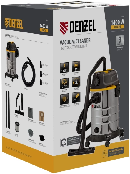 Строительный пылесос Denzel RVC30 1400Вт (уборка: сухая/влажная/выдув/сбор воды) серебристый