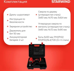 Дрель-шуруповерт Starwind CDB20-2.0/2hs1 40Вт аккум. патрон:быстрозажимной (кейс в комплекте)